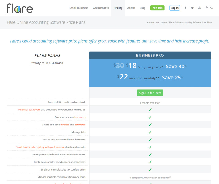 Flare Accounting website pricing page